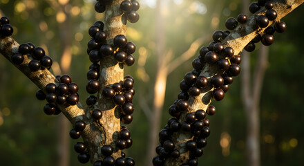 Close up of ripening dark berries on a plant with a soft green and golden bokeh background