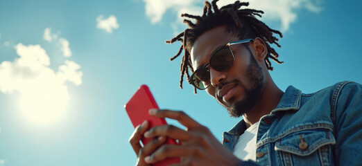 Guy use cellphone. Young african man with dreadlocks holds mobile. Male wears sunglasses, jean jacket against blue sky and clouds. Person enjoys sun, texts friend on telephone.