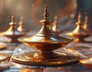 Gleaming golden, ornate objects sit atop a textured surface, bokeh in backdrop