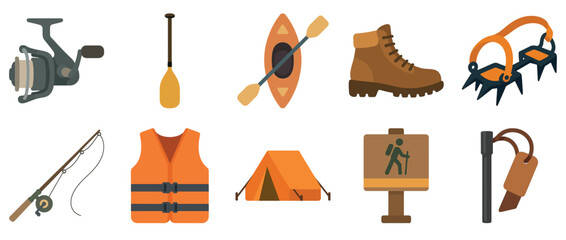 Flat vector illustrations of fishing, hiking, kayaking, and camping gear including boots, tent, life vest, and paddle