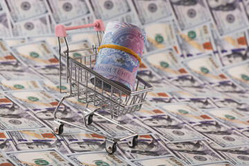 10,000 Kazakhstani tenge bills and a shopping cart against a backdrop of 100 US dollar bills