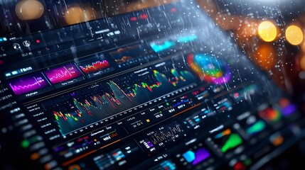 Obraz premium Financial trading dashboard with colorful stock market charts, graphs and indicators showing market analysis data against blurred city lights background.