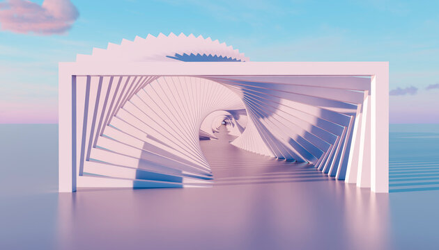 Geometric pink spiral forms tunnel. 3D futuristic shape.