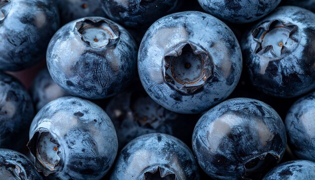 A close-up view of ripe blueberries with their characteristic shape and color. The fruits are clustered tightly