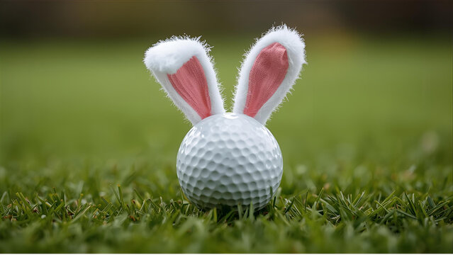 white shiny golf ball with bunny easter ears on green grass, ai