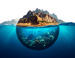 Earth Slice Showing Mountain Landscape and Underwater World, Nature Contrast PNG Isolated