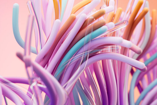 Pastel wires move in chaos. 3D flexible motion strands.