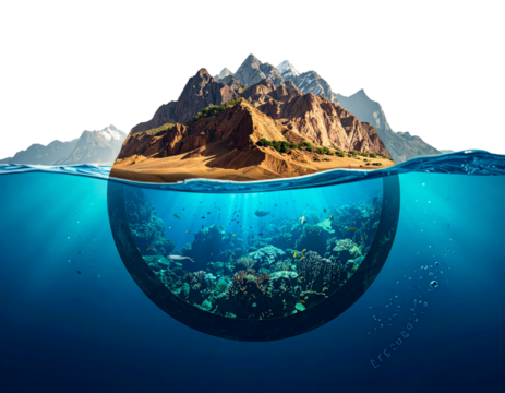 Earth Slice Showing Mountain Landscape and Underwater World, Nature Contrast PNG Isolated
