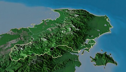 A detailed aerial view of a landmass, showing the topography with varying shades of green and brown. Surrounding it is a body of water