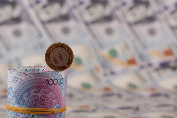 A conceptual plot about inflation in Kazakhstan featuring 10,000 tenge bills, a 100 tenge coin, and...