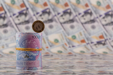 A conceptual plot about inflation in Kazakhstan featuring 10,000 tenge bills, a 100 tenge coin, and...