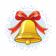 Golden Christmas Bell with Red Ribbon and Pine Branches Vector Illustration
