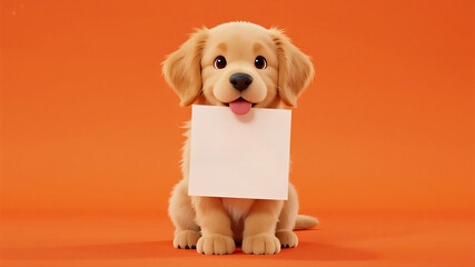 A cute cartoon golden retriever puppy holding a sign with a turkey drawing on a warm orange background for Thanksgiving