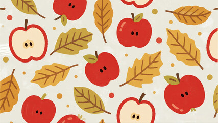 A seamless pattern with cute, illustrated red apples and golden autumn leaves on a light, clean background
