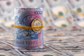 A conceptual plot about inflation in Kazakhstan featuring 10,000 tenge bills, a 100 tenge coin, and...
