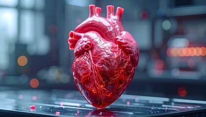 A detailed anatomical heart model, rendered in red hues, floats above a reflective surface with a blurred lab backdrop