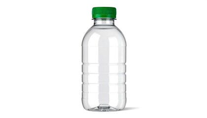 Fototapeta premium A clear, plastic bottle with a green cap, isolated on a white background. The bottle is cylindrical with horizontal ridges