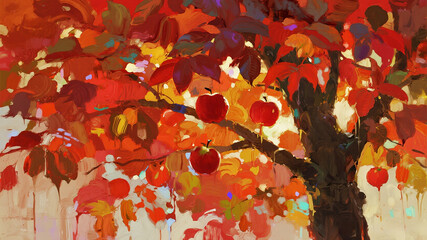 An abstract image of an apple tree with leaves made of beautiful, flowing splashes of red, orange, and yellow autumn colors