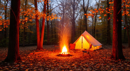 Cozy campsite with glowing campfire and illuminated tent amidst autumn forest trees