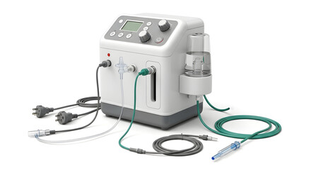 A white and grey medical device with tubes and a water reservoir on a white background.