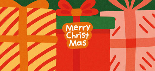 Merry Christmas and Happy New Year greeting card or banner. A modern, beautiful Christmas design with typography and gifts. Art poster, cover, and decor templates.