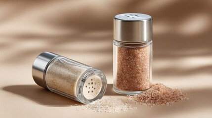 Two salt shakers are on a table with salt on the table