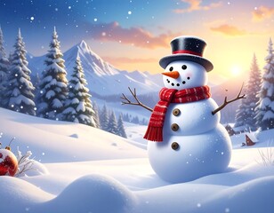Obraz premium A cheerful snowman with hat and scarf stands in a snowy mountain landscape as the sun rises