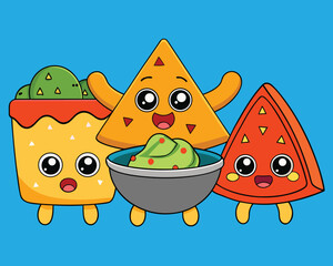 Cute Cartoon Food Characters Featuring Guacamole Cup, Tortilla Chip, and Watermelon Slice in Whimsical, Smiling, Snack-Themed Apparel Design