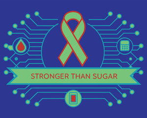 “Stronger Than Sugar” Green Awareness Ribbon with Tech and Health Icons Celebrating Resilience, Diabetes Awareness, and Empowered Wellness Design