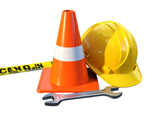 Traffic Cone with Construction Tools on Asphalt, Work Zone Safety Concept PNG