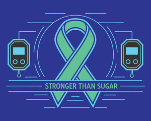 Teal and Blue Diabetes Awareness Ribbon with Glucose Meters and “Stronger Than Sugar” Message Promoting Strength, Health, and Empowerment