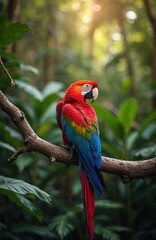 Obraz premium Scarlet macaw bird perches on tree branch in tropical jungle. Vibrant feathers show brilliant red, blue, yellow colors. Wild parrot looks alertly around in natural environment, truly exotic animal