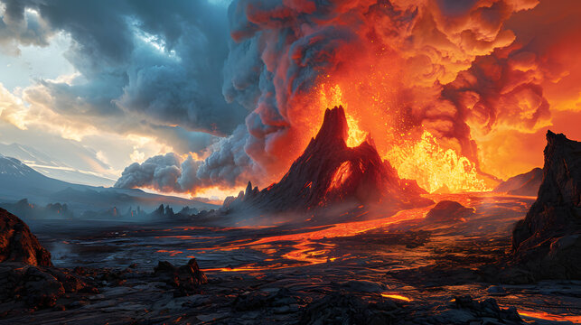 Majestic volcanic eruption with lava flow at twilight illuminating the rocky landscape