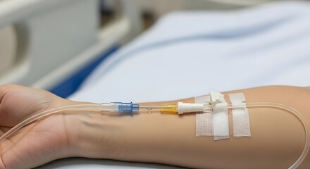 Close-up of a patient's arm receiving an intravenous (IV) drip in a hospital setting.