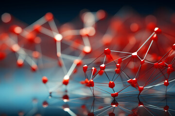 Complex network structure of interconnected red spheres and lines on a blue backdrop illustrating molecular connections