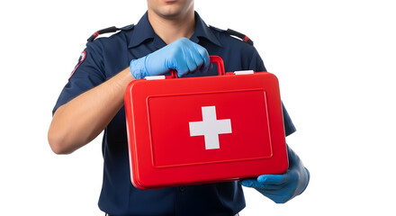 A paramedic in blue gloves holds a bright red first aid kit with a white cross, prepared for an emergency