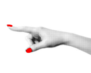 feminine hand pointing with finger in halfone style