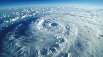 Massive hurricane cyclone over ocean viewed from space showing eye of storm and swirling cloud formation