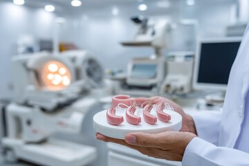 Hearing aids displayed in a modern audiology lab with advanced technology and equipment