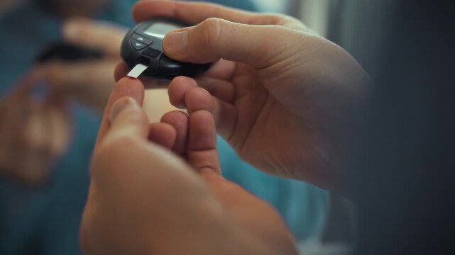 A person is using a glucose meter to check blood sugar levels. The setting appears to be a health monitoring session, possibly at home or in a clinic. This activity is essential for managing diabetes
