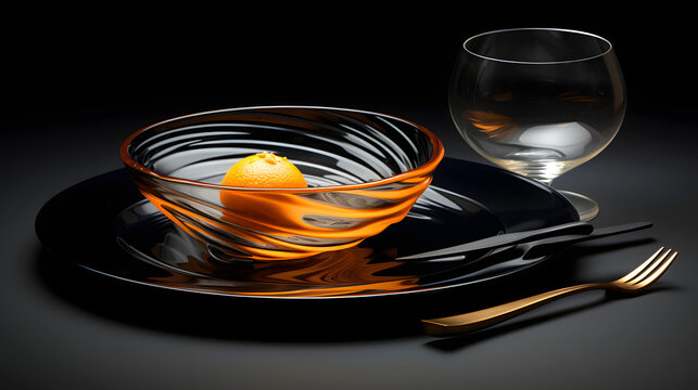 Elegant table setting with an orange in a glass bowl and a crystal glass at a modern dining table