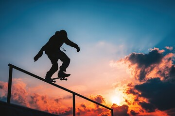 Skateboarder performs a trick on a rail at sunset with vibrant clouds in the background
