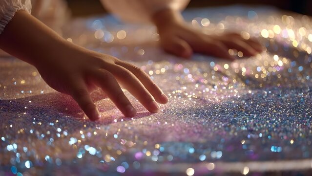 A child's hands press down on a glittery, iridescent surface dotted with colorful bokeh lights. Concept Child's hands on glittery surface, Iridescent glitter texture, Colorful bokeh lights