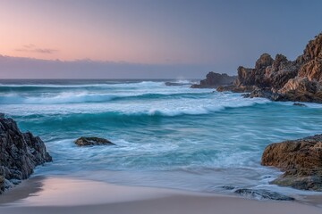 Beautiful coastal landscape at sunset with waves crashing against rocky shore