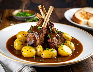 Elegant rack of lamb with potatoes and sauce on a white plate