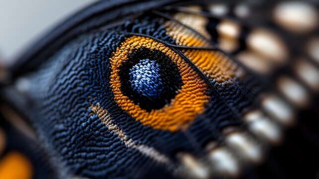 Extreme macro close up of orange and blue butterfly wing pattern showing detailed scales and eye spot markings in vibrant natural colors. Suitable for nature photography and wildlife art. - Powered by Adobe