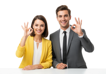 Smiling business partners showing approval gesture for consulting company marketing, useful for corporate advertising, recruitment materials, and customer service presentations