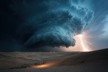 Storm clouds gather over desert landscape as lightning strikes earth in dramatic weather display