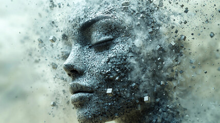 Abstract face dissolving with spinning cubes in motion Generative AI
