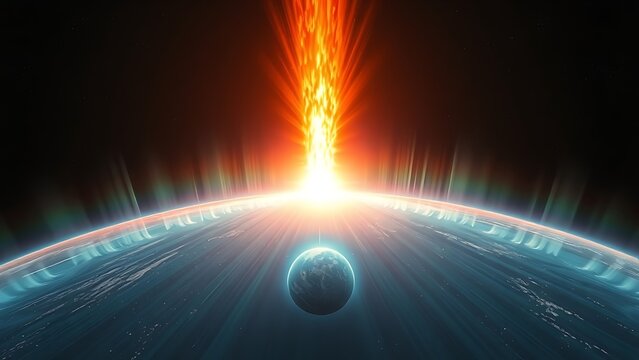 A painterly solar corona explosion with rippling aurora energy cascading toward a small blue planet.